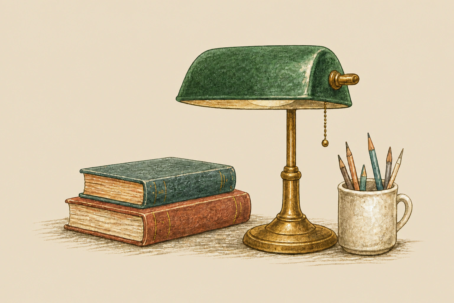 A painted reading lamp beside a small stack of books and colored pencils